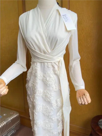 jinran Women Elegant Flowers Bandage One-piece Dresses Spring Long Sleeve Patchwork Luxury Party Vestido Office Lady Clothing