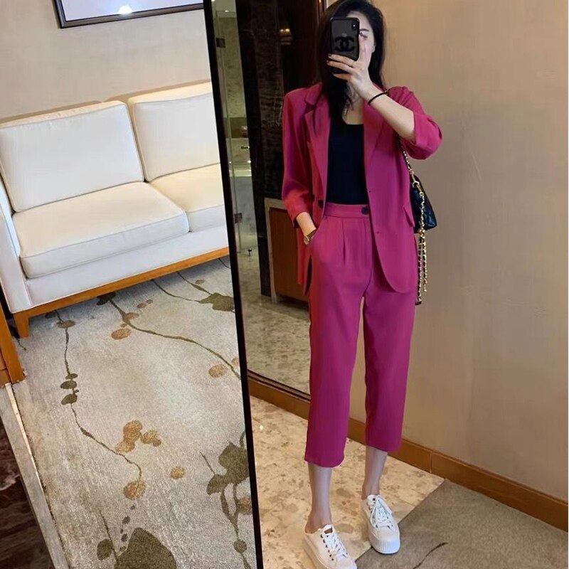 jinran 2022 Summer South Korea Thin Suit Suit Elegant Women Simple Fashion Coat High Waist Straight Tube Capri Pants Two-piece Set