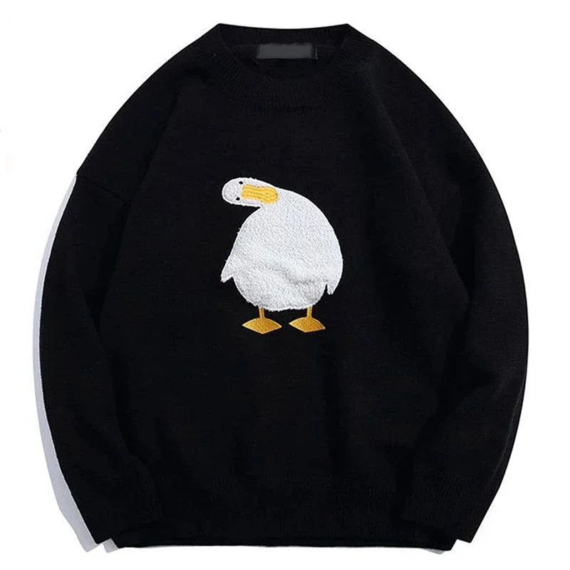 Harajuku Oversized Knitwear Sweater Men Cartoon Duck Goose Embroidery Jumpers Japanese Fashion O-Neck Streetwear Couple Unisex