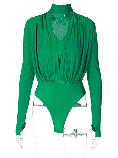 jinran Deep V Neck Full Sleeve Sexy Bodysuit Women Rompers Winter New Skinny Party Pleated Bodysuits Ladies T-shirt Clubwear
