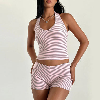 jinran Women Summer Y2K Striped Shorts Sets 2 Piece Outfits Sexy Halter Tank Crop Tops Bodycon Shorts Suits Loungewear Streetwear