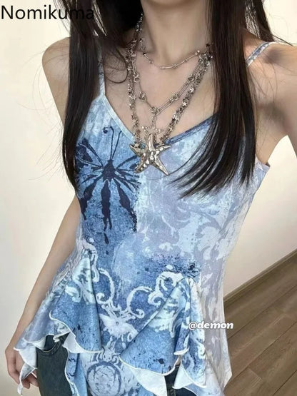 jinran Sexy Crop Tops Women's Clothing Fashion Summer Vest Floral Ruffles Tunic Backless Camis Korean Irregular Y2k Tanks Ropa Mujer