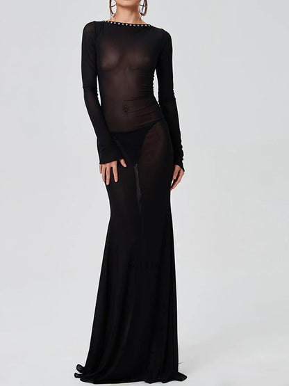 jinran Women See Through Bodycon Long Dress Long Sleeve Mesh Sheer Maxi Dress Cross Tie Up Backless Club Party Dress Maxi Dress
