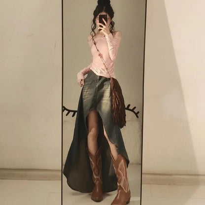 jinran High-waisted Vintage Distressed Slimming Denim Skirt Women's Irregular Side Slit Skirt Spring/summer 2024 New Arrival