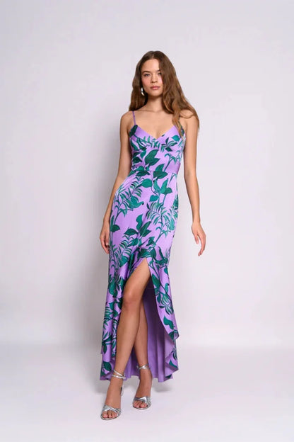 Elegant Floral Printed Spaghetti Strap V-Neck Long Dress For Women High Waist Sexy High Fork Fashion Casual Clothing In 2024