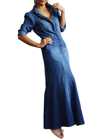 jinran Dress for Women 2024 Spring Korean Fashion Vintage Denim Dress A-line Long Sleeve Button Zipper Pocket Maxi Dress Lady Clothing