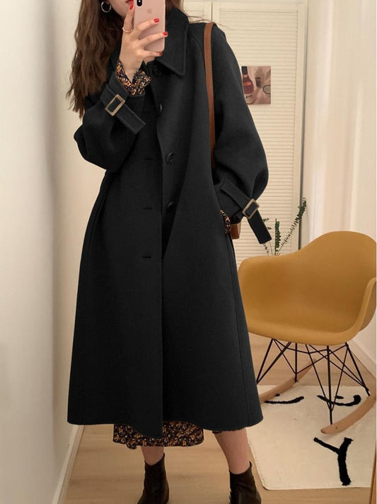 jinran Autumn and Winter New Long Knee Length Woolen Black Coat Woolen Coat Womens Winter Clothing Coats and Jackets Women