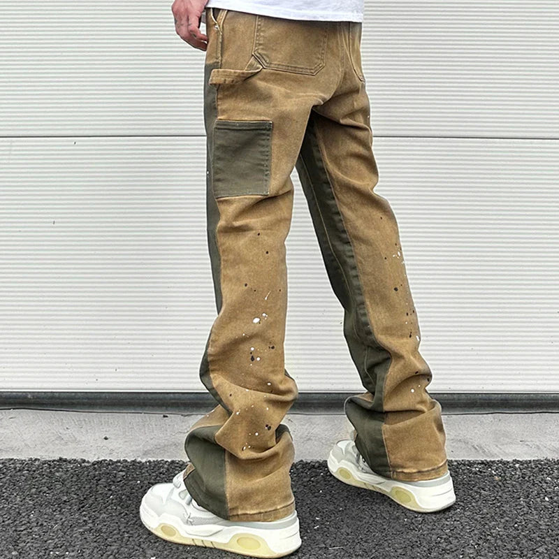 Splash Ink Painted Washed Micro Elastic Denim Logging Pants Men's Patchwork Baggy Y2K Jeans Oversized Casual Cargo Trousers