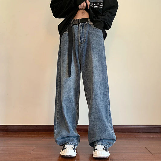 Autumn New Blue Solid Simple Jeans With Belt Male Casual Mopping Denim Pants Men Oversized Zipper Wide Leg Jean Pants