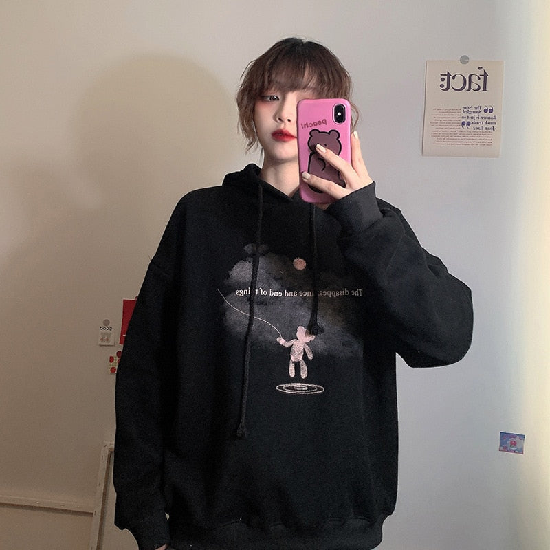 jinran Harajuku New Black Baggy Pullover Fashion Fleece Thicken Letter Printing Sweatshirt Casual Lazy Raglan Sleeves Drawstring Hoodie