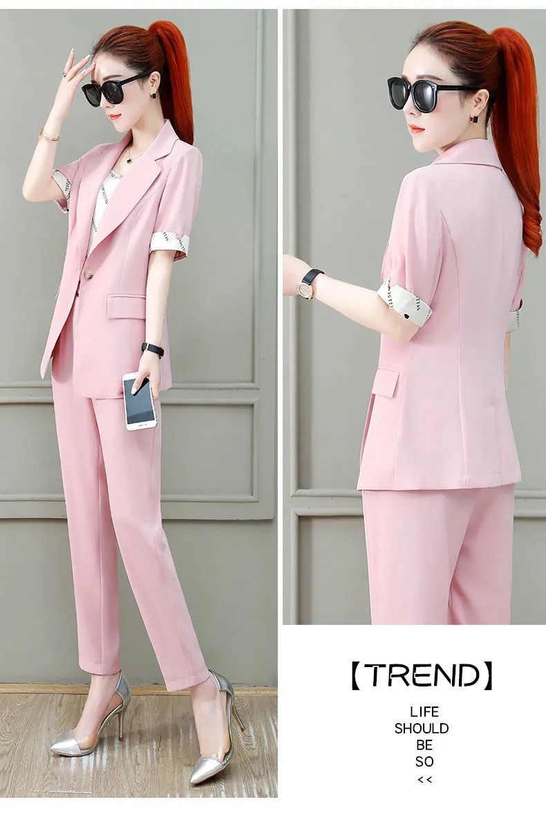 jinran 2022 Summer New French Elegant Women's Pants Suit Slim Jacket Office Blazer Casual Trousers Two-piece Set Female Tracksuit Set