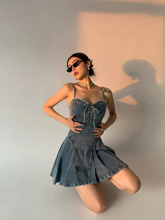 jinran Women Denim Dress Hip Package Elastic Drawstring Lace Up Spaghetti Starp Mini Bodycon A-line Vestidos Sexy Streetwear Clothes