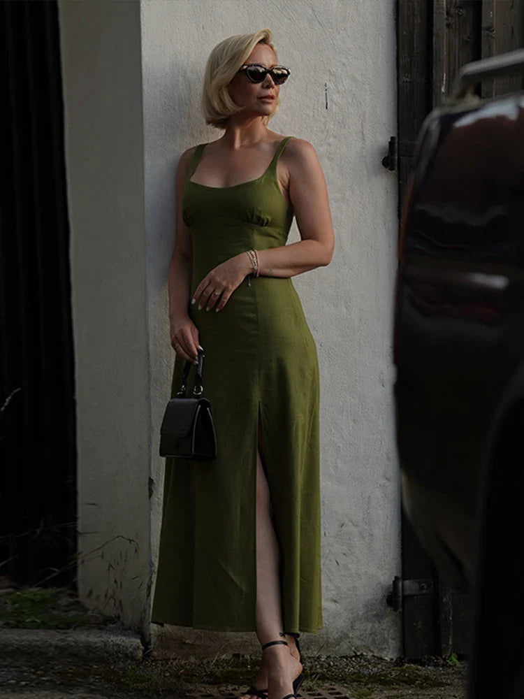 nvxiot  -  Square Neck Green Sling Long Dresses Women Elegant Front Split Sleeveless Sexy Dress Female Summer Vintage Holiday Robes