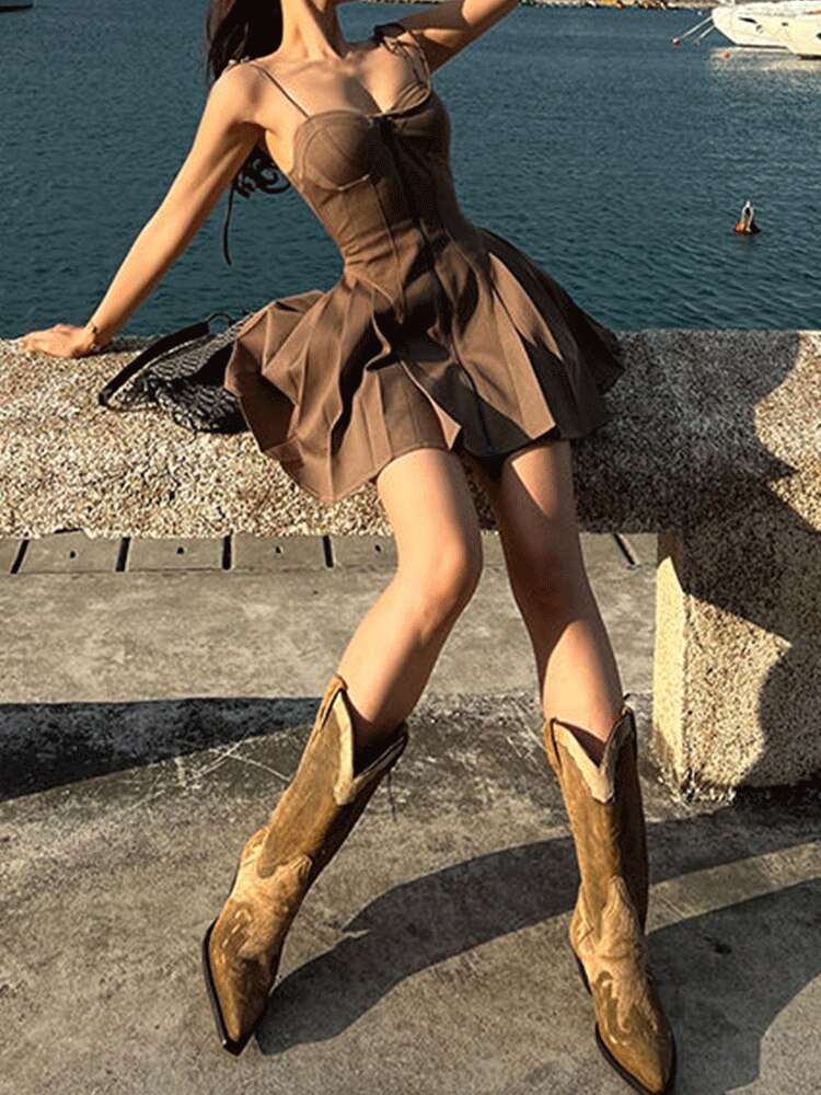 jinran Women A-Line Mini Dress Sexy Spaghetti Strap Bodycon Dress Summer Short Dress Ladies Casual Front Zipper Backless Skinny Dresses