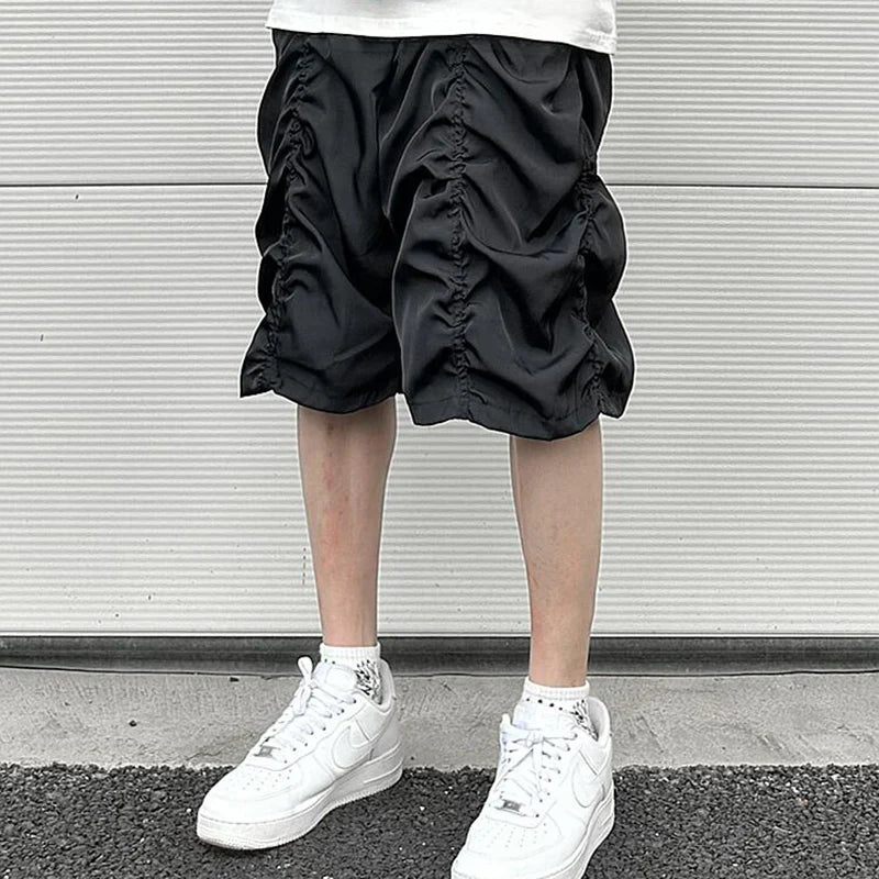 Y2K Summer Thin Qucik Dry Drawstring Shorts Men's Ruched Streetwear Wide Leg Baggy Five Point Pants Oversized Pleated Short