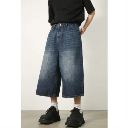 American Retro Summer Calf-Length Denim Pants Jeans Men High Street Over Knee Wide Leg Straight Shorts Casual Oversized Shorts