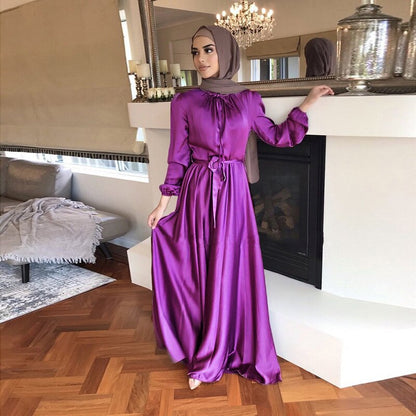 jinran Summer Elegant Solid Color Colorful Temperament Long Skirt Ladies Open Shouder Robe Satin Large Size Belt Muslim Woman Abaya