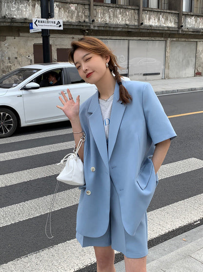 jinran Summer 2022 Thin Casual Loose Short Sleeve Jacket and Shorts Two-piece Elegant Women's Pants Suit Female Office Tracksuit Blazer