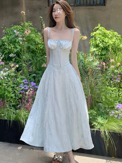 jinran French Elegant Midi Dress Women Summer Spaghetti Strap Corset Slim A-line Lace-up Jacquard Evening Party Prom Robe Retro Vestido