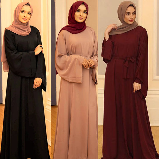 jinran Summer Elegant Solid Color Colorful Temperament Long Skirt Ladies Open Shouder Robe Satin Large Size Belt Muslim Woman Abaya