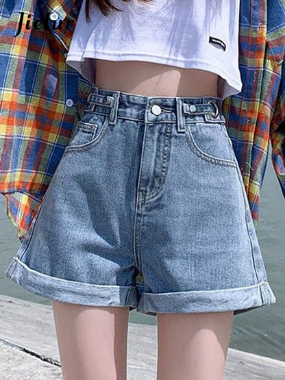 jinran Summer New Women Adjustable Waist Slim Short Jeans Lady High Street Wide Leg Short Pants Female High Waist A-Line Shorts