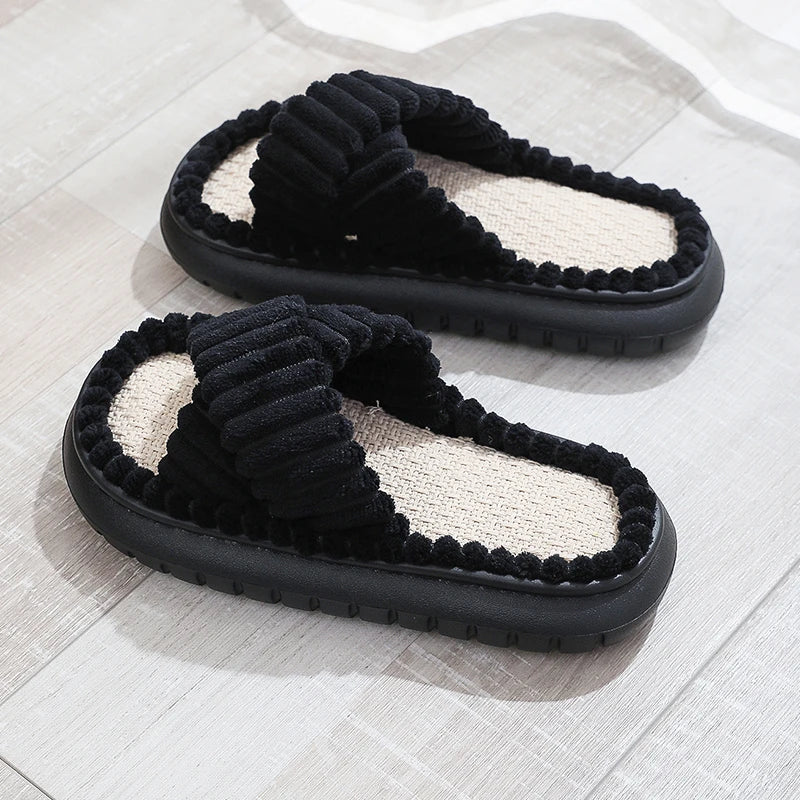 jinran 2024 Autumn Winter New Women Home Slippers Open-Toe Cross Band Linen Soled Indoor Slides Linen Soled Non-Slip Bathroom Slippers