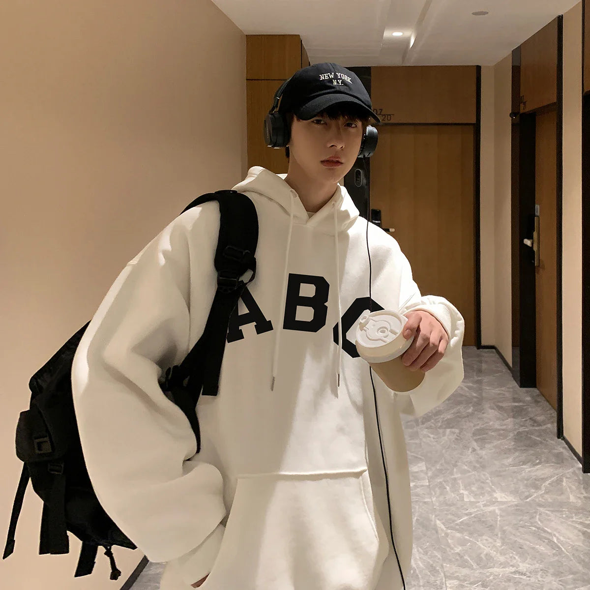 ABC Letter Print Men's Hoodies Korean Fashion Harajuku Oversized Pullover Hip Hop Long Sleeve Hooded Sweatshirts Streetwear