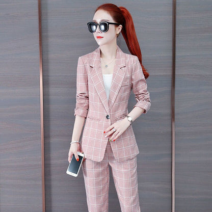 jinran Summer New Korean Fashion Elegant Women's Pants Suit Thousand Bird Lattice Slim Fit Jacket White Vest Trousers Three Piece Set