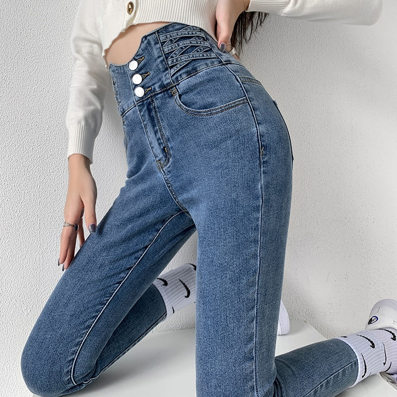 jinran Stretch Jeans Women 2022 Push Up Sexy Retro High Waist Skinny Mom Pants Korean Fashion Denim Trousers Femme Spring New