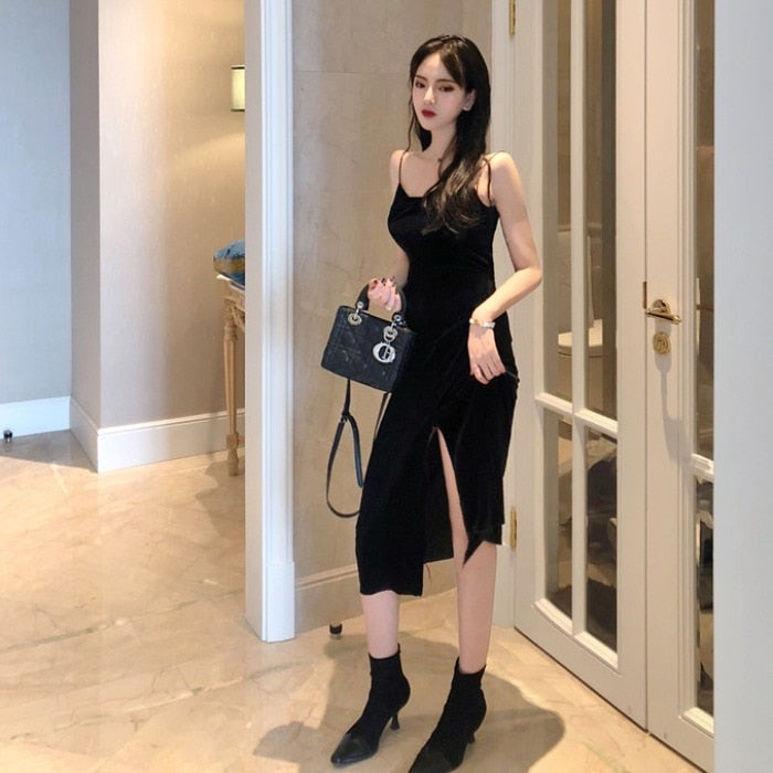 jinran New Vintage Women Dress Spaghetti Strap Slit Velvet Black Dress Sexy Bodycon Bandage Dress Midi Party Dress Verano Vestidos