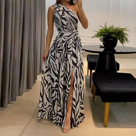jinran Women Maxi Dress Summer Fashion One Shoulder Sleeveless Slit Backless Nipped Waist Long Skirt Party Evening Dresses