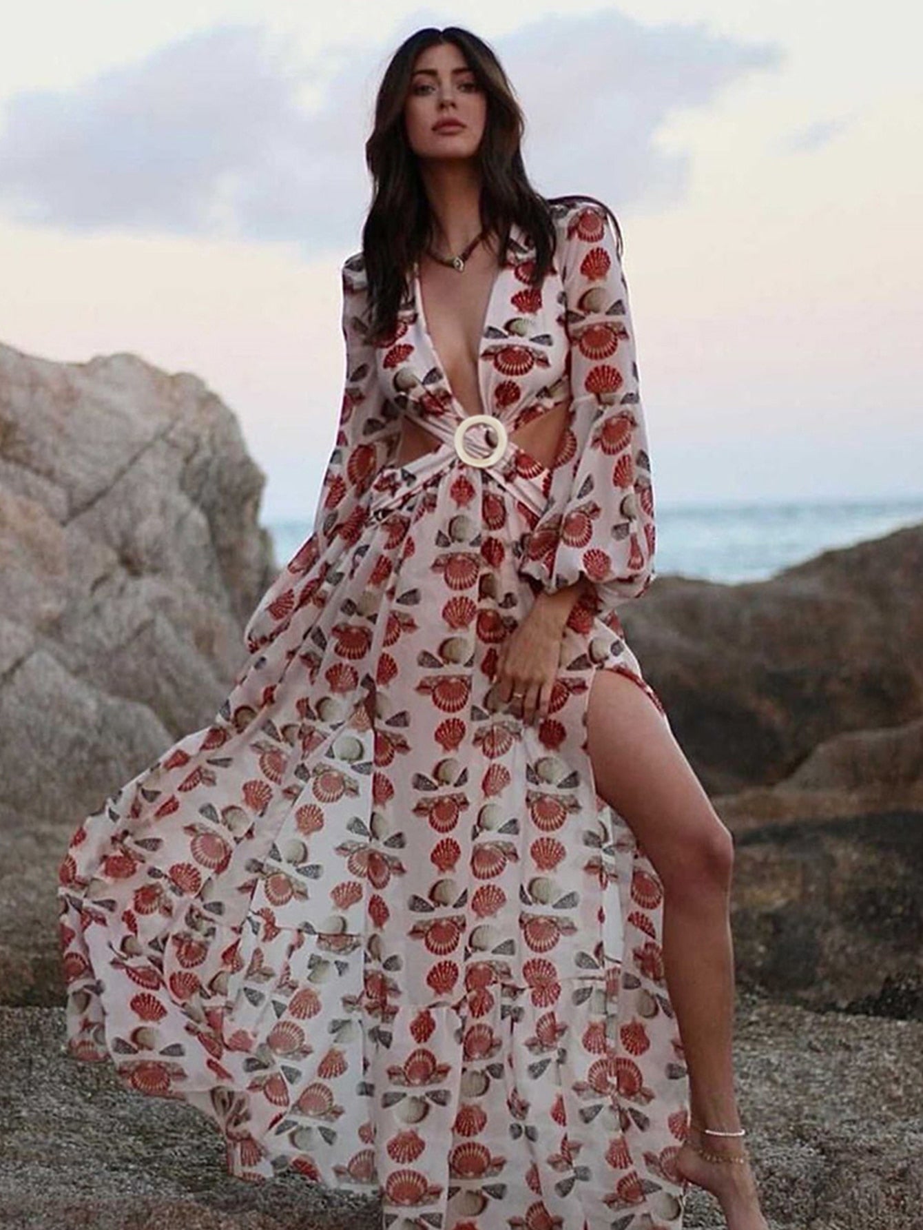 New Sexy Women Beach Dress Print Ruffle Bathing Suit Retro Cover Up Sexy Long Sleeve Swimwear Cover-Ups Tunic Bikini Beachwear