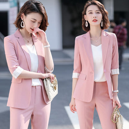 jinran Women's Summer Blazers Pants 2 Piece Set Korean Office Lady Graceful Three Quarter Suit Coat Pencil Trousers Outfits Pink Jacket