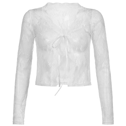 jinran Autumn White T-shirt For Women New V-Neck Long Sleeves Lace-up Sexy Lace Crop Top Fashion Floral T Shirt Female Streetwear Tops