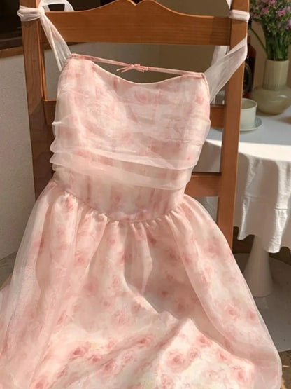 jinran Y2K Elegant Print Halter Dresses for Women Sweet Pink Casual Print Chiffon Sleeveless Party Dress Fairy Princess Vestido Mujer