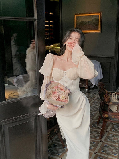 jinran Vintage Women Fashion Elegant Puff Sleeve Midi Corset Maxi Dresses Evening Prom Female Party Lady Clothes Vestdios Summer