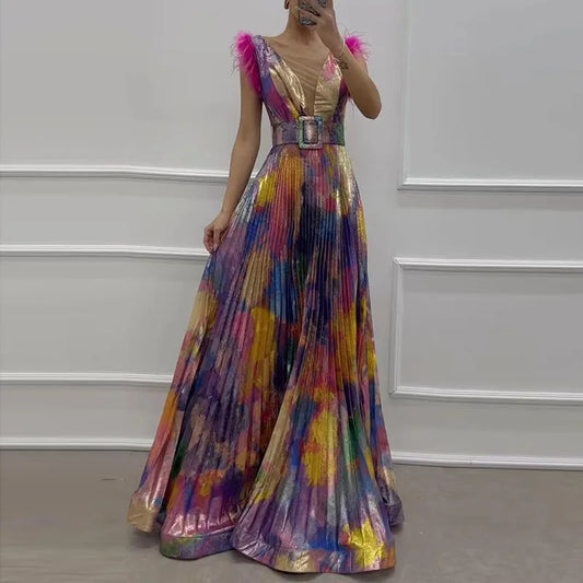 jinran Women Sexy Deep V-neck Sleevelss Long Dress Sexy Feather Patchwork Robe Evening Dress Causal Printed Pleated Slim Party Dresses