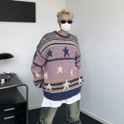 Y2K Star Sweater Men Harajuku Striped Knitted Pullovers Jumpers Male Tops Oversize Purple Winter Streetwear Hip Hop