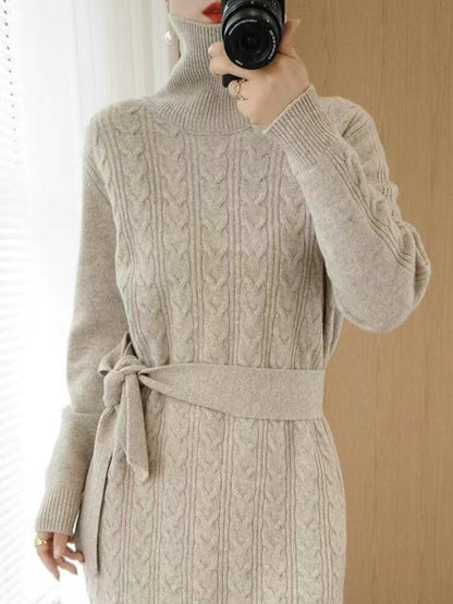 jinran Women Clothing Fashion Turtleneck Knitted Dress 2022 Autumn Winter New Lace-up Waist Sweater Skirt Korean Clothes Women Dresses