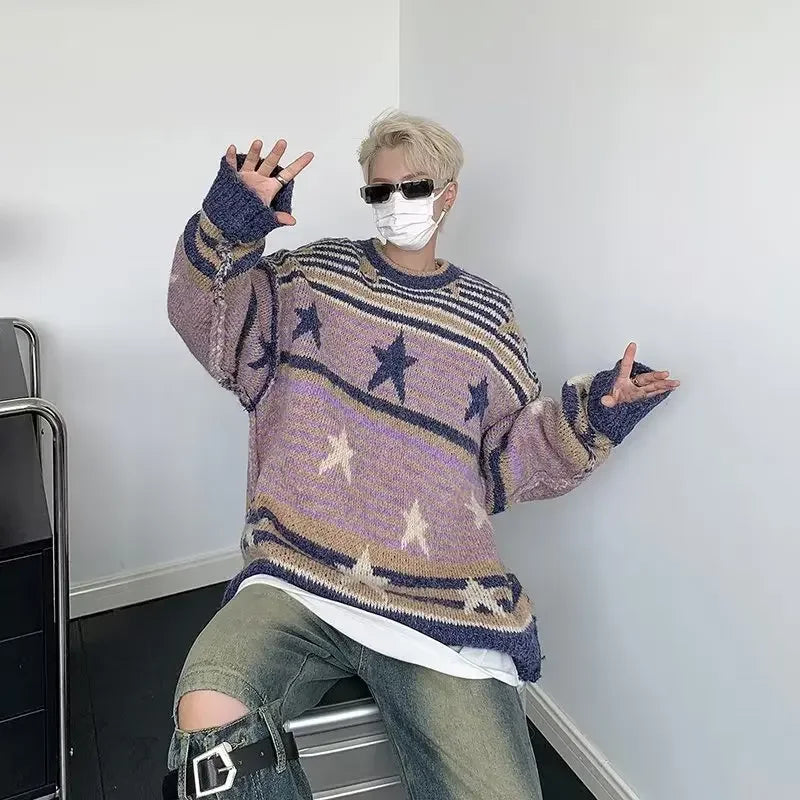 Y2K Star Sweater Men Harajuku Striped Knitted Pullovers Jumpers Male Tops Oversize Purple Winter Streetwear Hip Hop