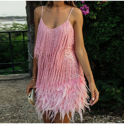 jinran 2023 New Sexy Tassel Sequins Feather Mini Dress Women Spaghetti Strap Stitching Dresses Female Elegant Evening Party Club Dress