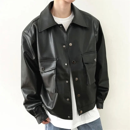 Black Short Leather Jacket Men Oversized Pocket Motorcycle Jackets Mens Streetwear Hip-hop Loose Bomber Jacket Men Korean Coat