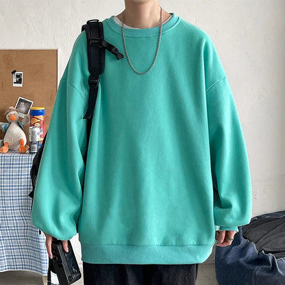 Harajuku Sweatshirts Men Korean Solid Color Basic O Neck Oversized Pullovers Spring Autumn Simple Fashion Casual Tops 5XL-M