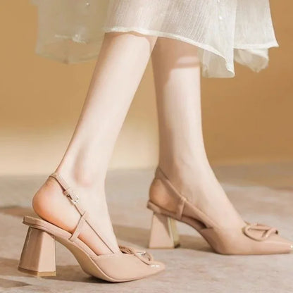 jinran 2024 Summer New Fashion Simple French Pointed Toe V-Button Shallow Dress Party Shoes Back Strap Buckle Thick Heel Sandals Women