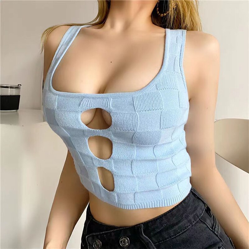 jinran Y2K Gyaru Sexy Crop Top Women Hollowed Knitting Vest Slim Was Thin Summer Solid Color Lattice Women Tank Top 2022 New