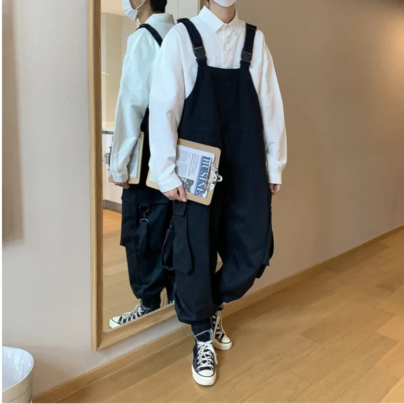 Suspenders Jumpsuit Pants Men Summer Overalls Japanese Loose Straps Casual Pockets Unisex Oversize Streetwear Solid Man Clothing