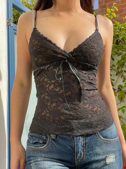 jinran -Black See Through Lace Cami Crop Tops Women Summer Y2K Clothes Sleeveless V Neck Sexy Tanks Camis Aesthetic 2000s Gothic Tees