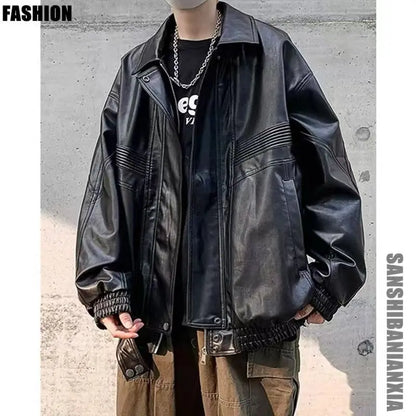 Oversized VIntage Men's Leather Jackets PU Biker Coat Autumn Faux Leather Bomber Jacket 90s Big Pockets Windbreaker Overcoat