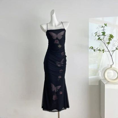 jinran Sexy Bodycon Printed Mesh Long Dresses for Women Backless 2024 Summer New Korean Elegant Fashion Evening Party Female Vestidos