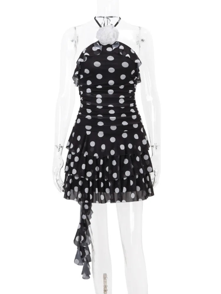 jinran Wave Point Print Sexy Mini Dress For Women Robe Halter Sleeveless Backless A-line Ruched Bodycon Dress Elegant New
